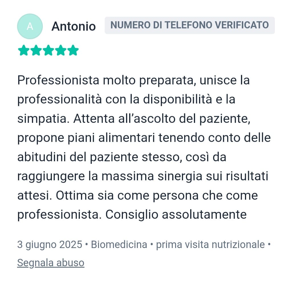 Recensione lasciata alla dottoressa Divya Iorio in cui si parla della sua competenza e empatia